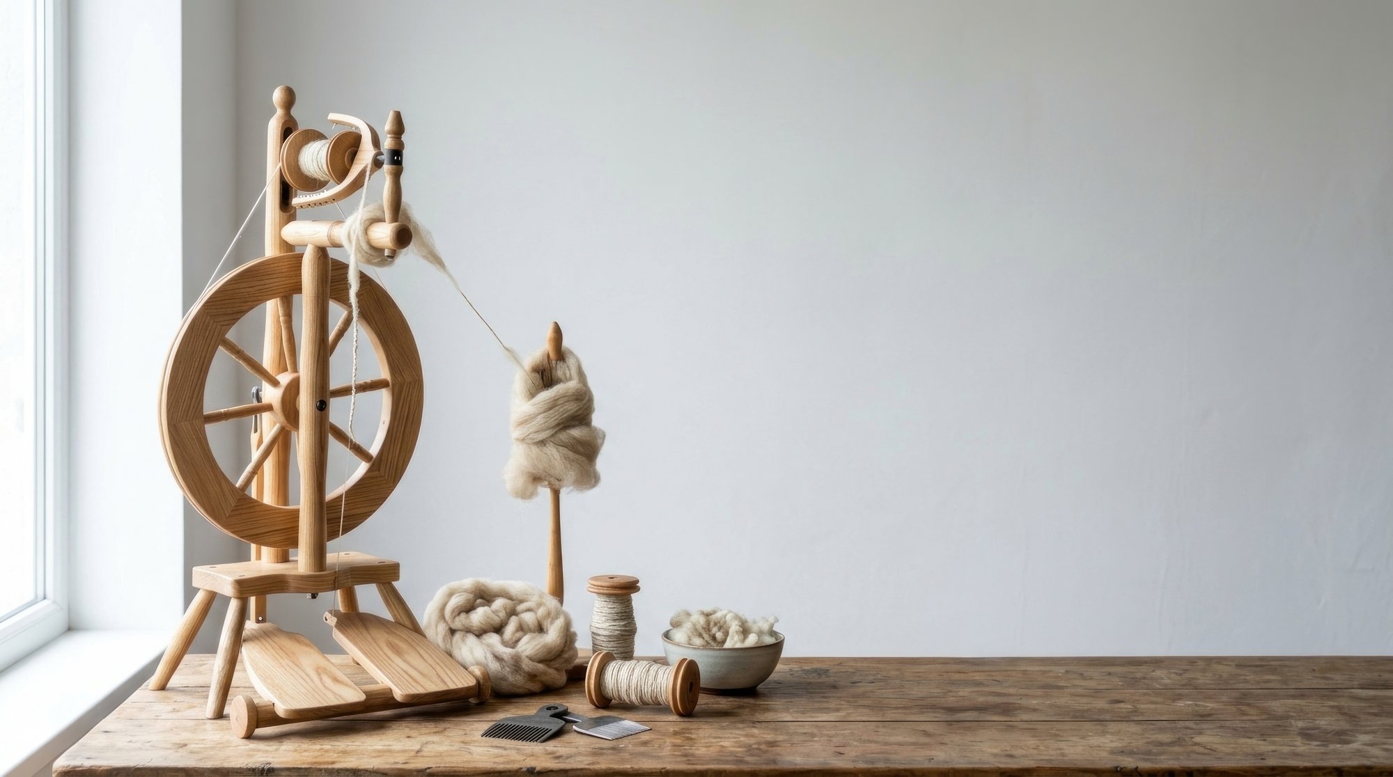 Interno atelier con luci calde e attrezzi di ricamo